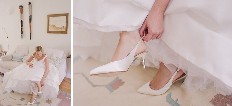 Bride puts on her shoes before heading off to her wedding.
