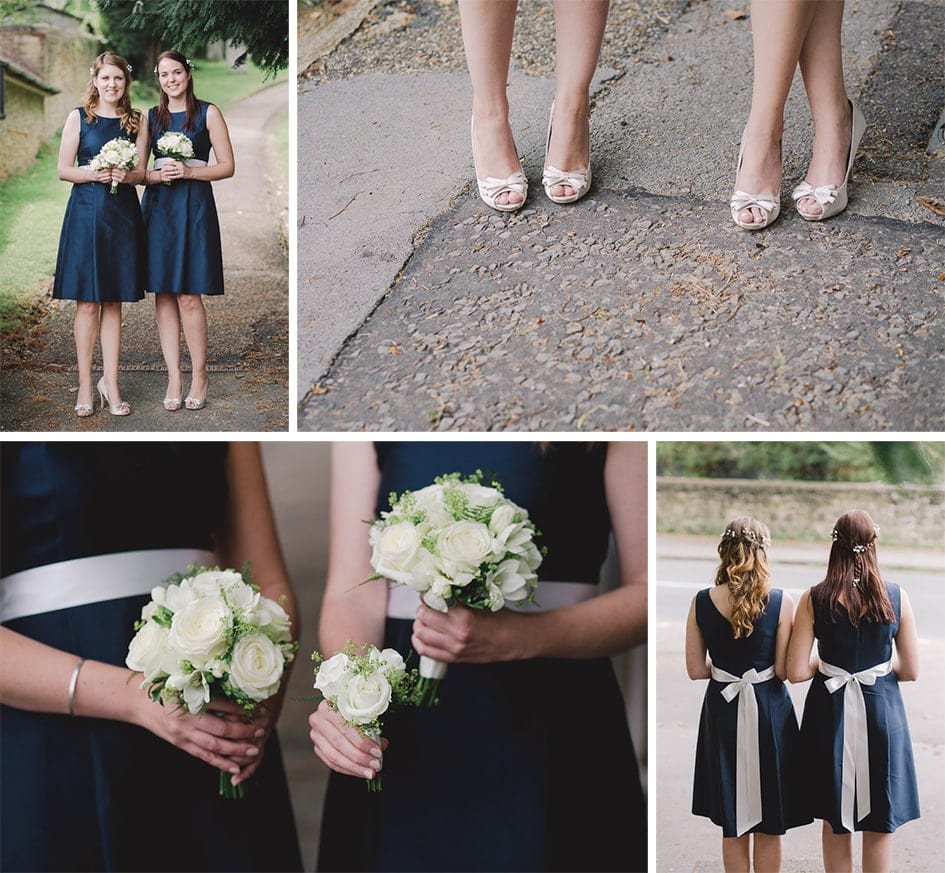 Bridesmaids showing off their blue dresses, flowers and shoes.