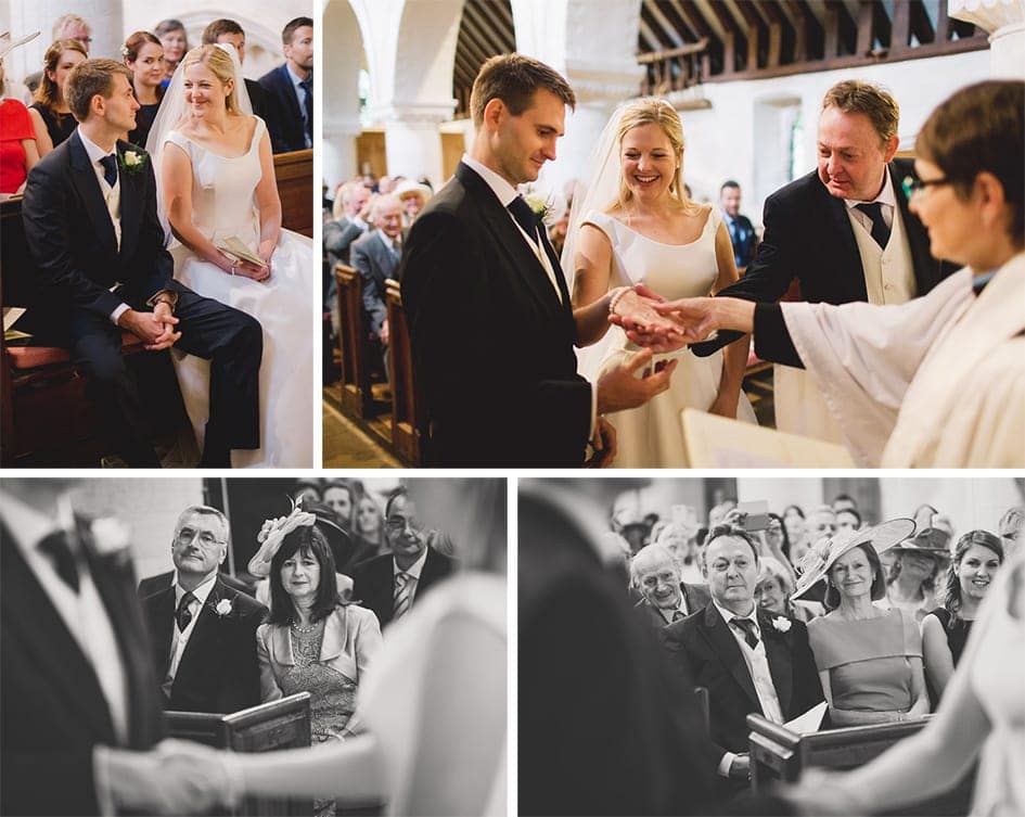 A wedding ceremony at a church, the couple exchange rings.
