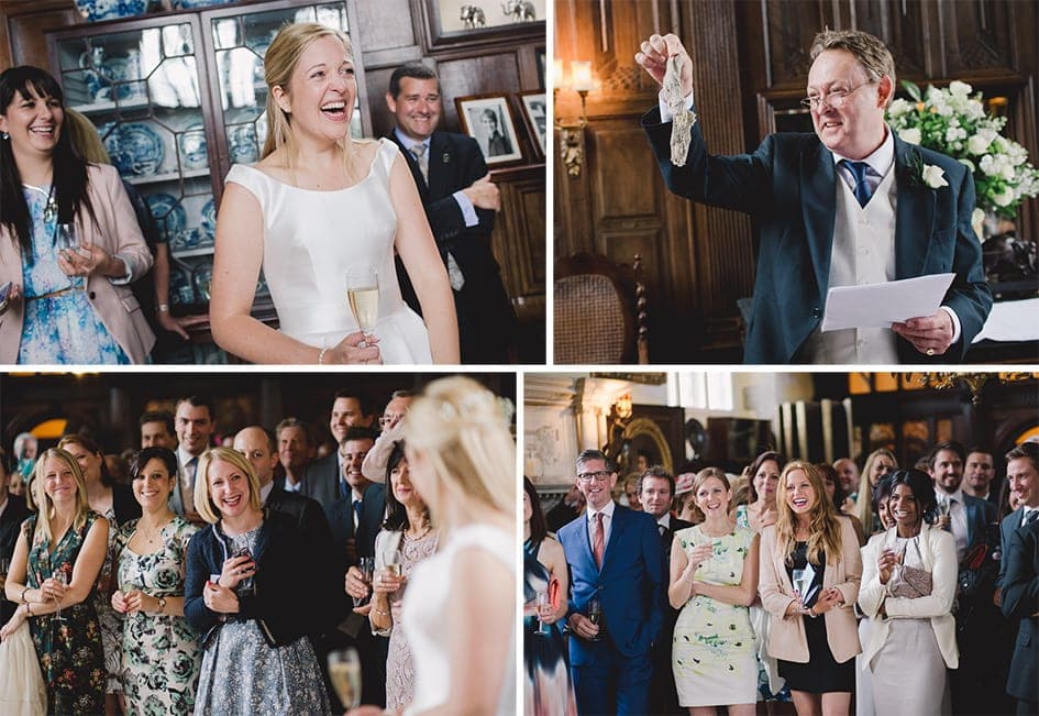 Funny wedding speeches with bride laughing as her father delivers a speech.