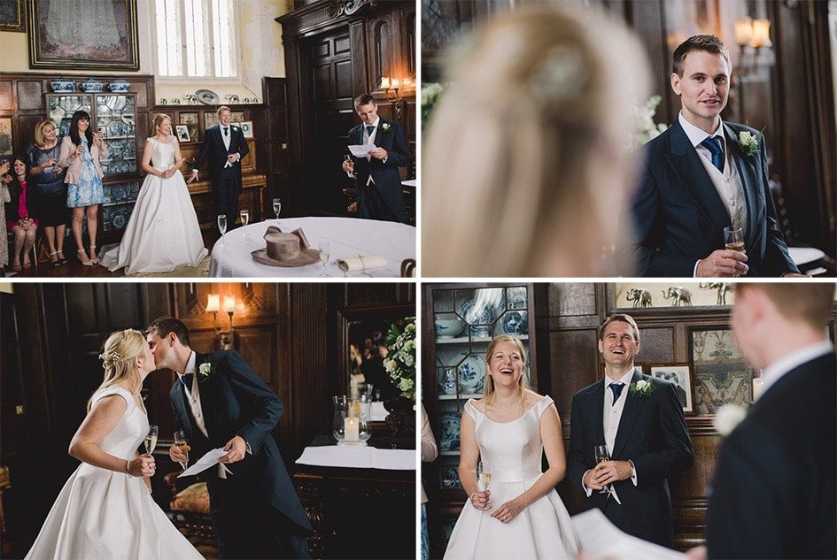 Loseley Park Surrey wedding reception with guests laughing and smiling.