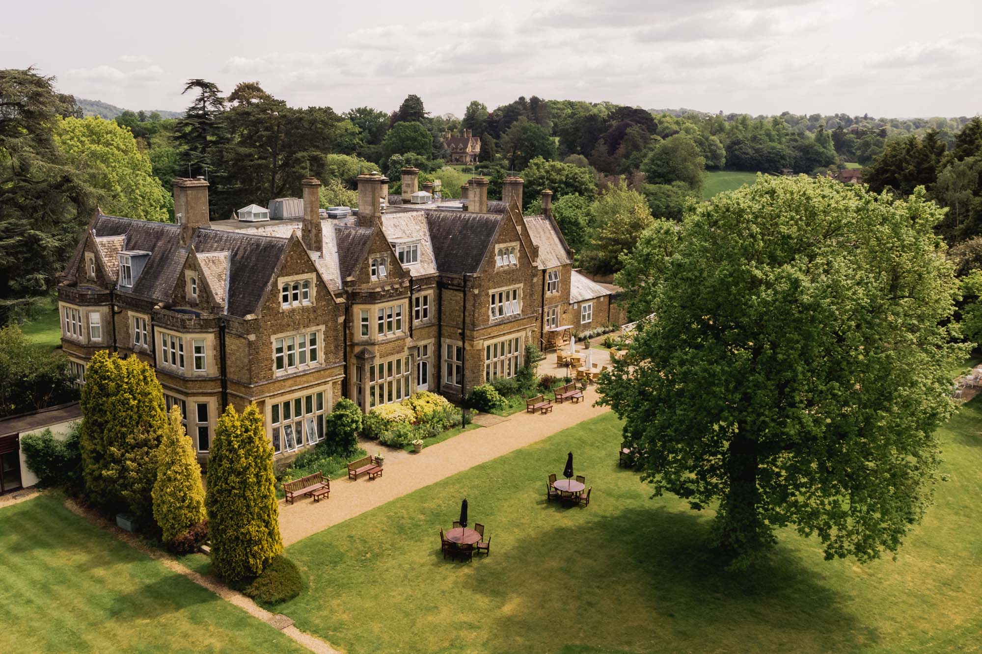 Aerial view of Hartsfield Manor wedding venue in Betchworth, Surrey.