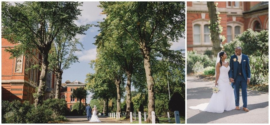 Married couples on their wedding day at Dulwich College in London.