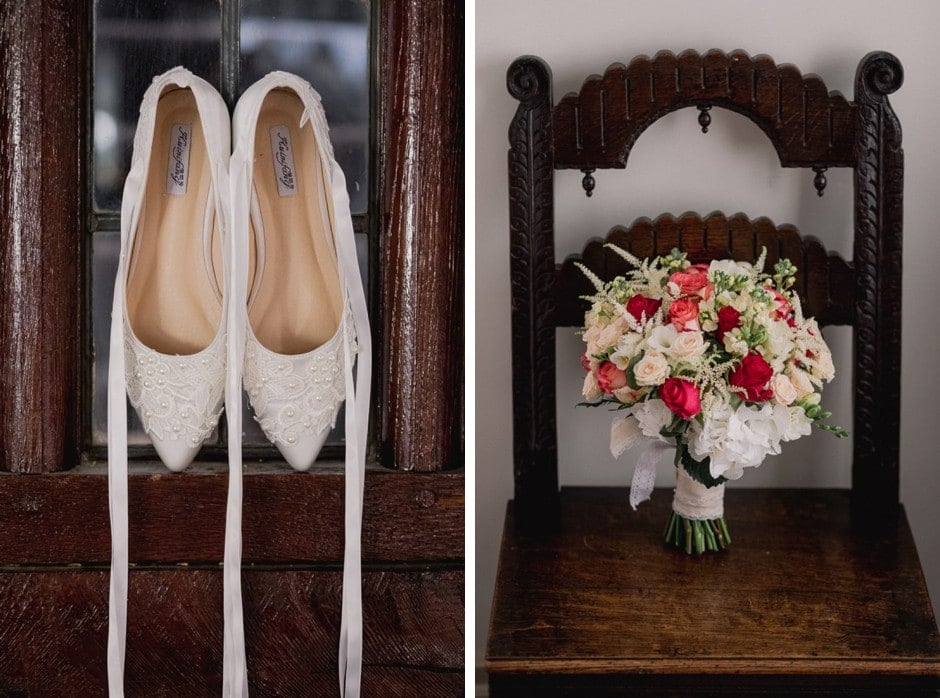 Wedding shoes and flowers at Burford Bridge.