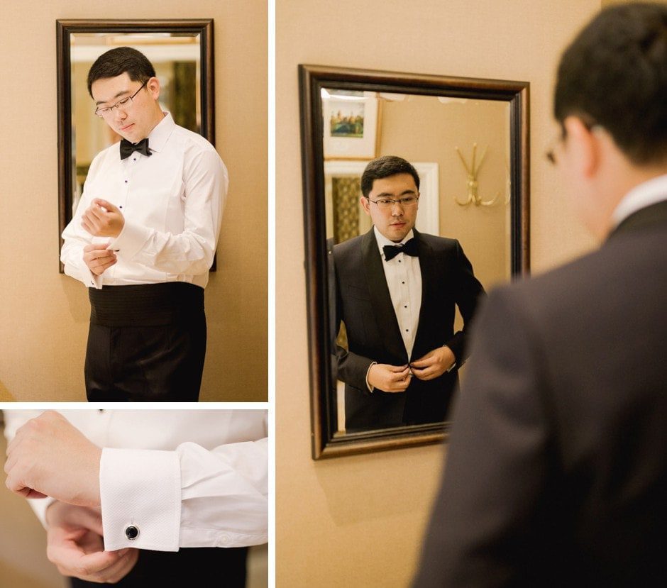 A groom getting ready for his wedding at the Petersham Hotel.