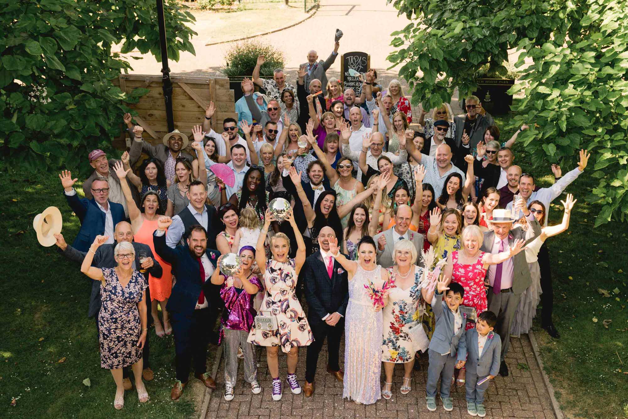All the wedding guests at Palm Court Pavilion in Worthing, West Sussex.