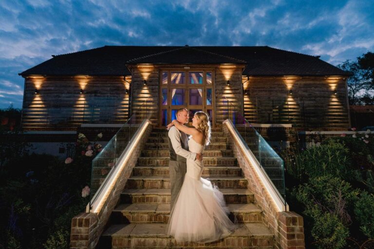 Bride and groom on their wedding day at Brookfield Barn in Sussex