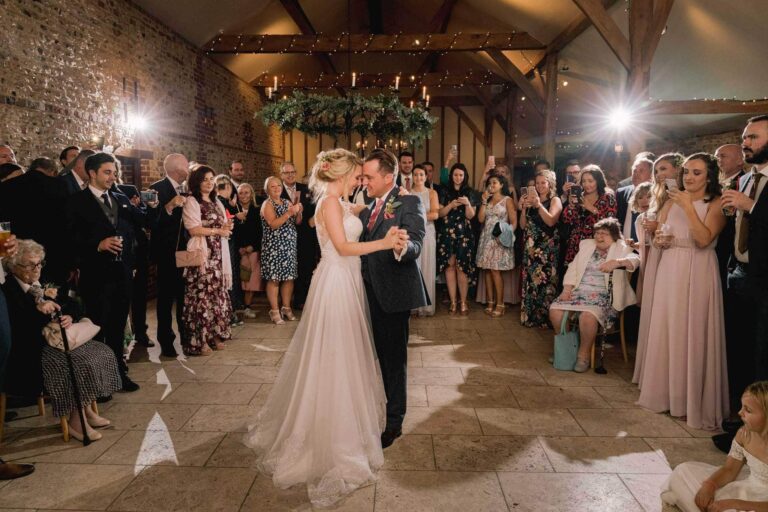 Bride and groom on their wedding day at Upwaltham Barns