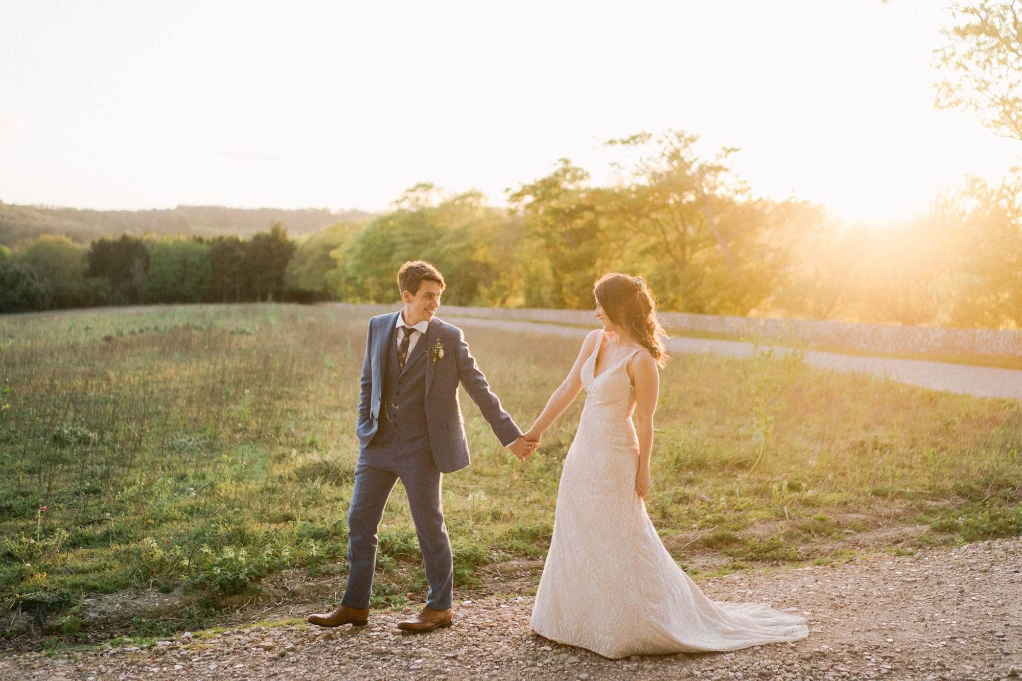 Cissbury Barns wedding photography bride and groom at sunset