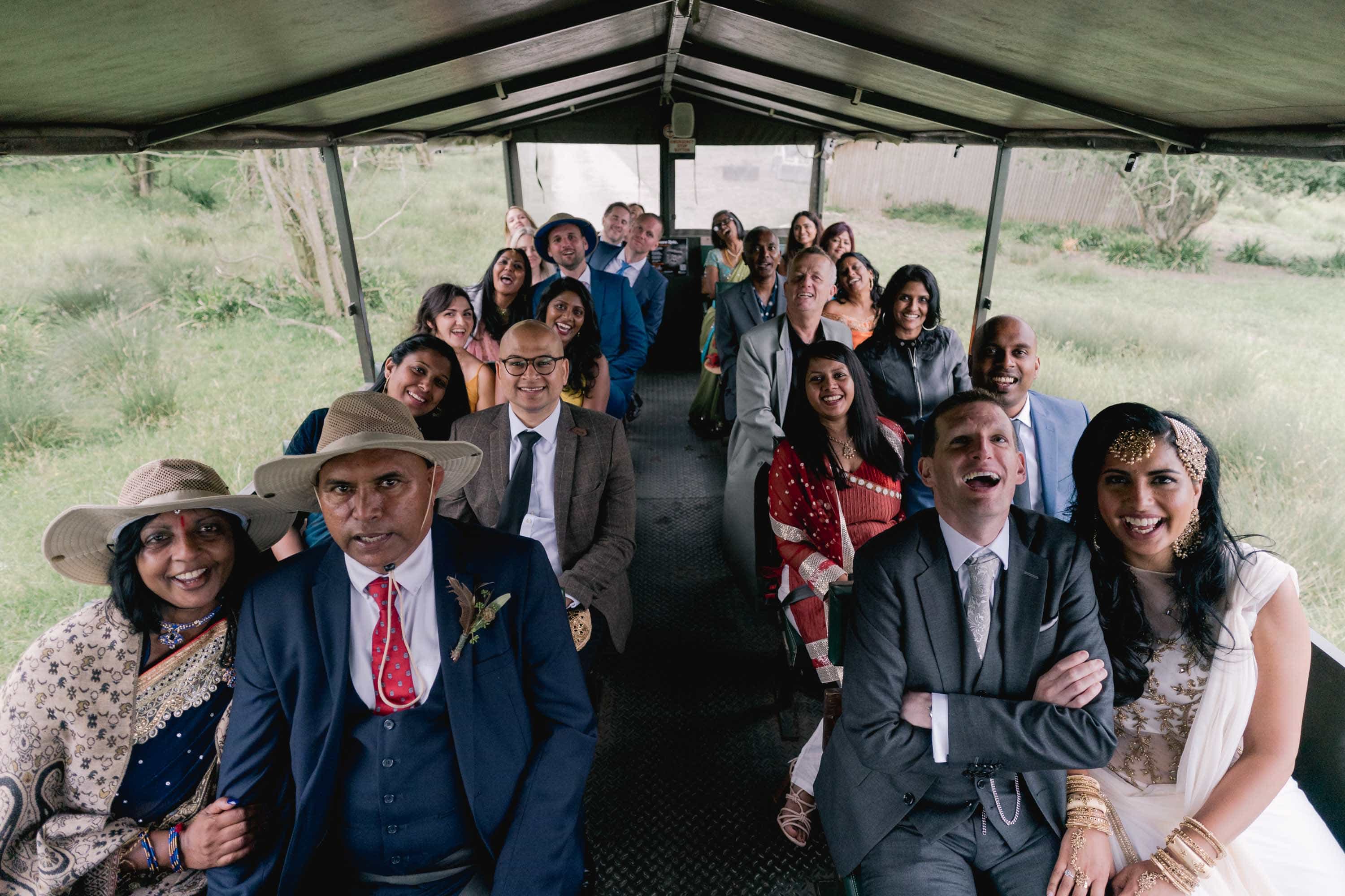 Wedding guests on the safari tour at Port Lympne Safari Park in Kent.