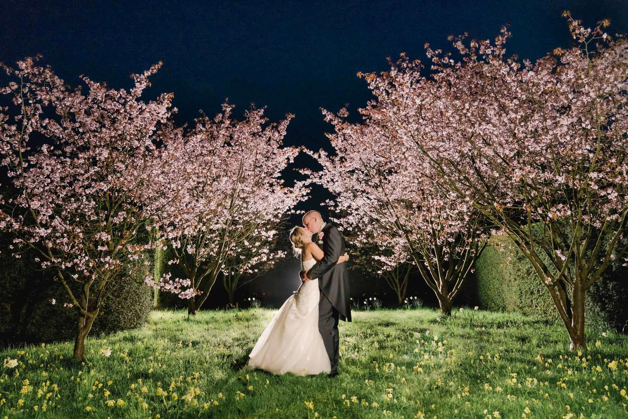 Bride and Groom kissing under the blossom at Great Fosters in Egham