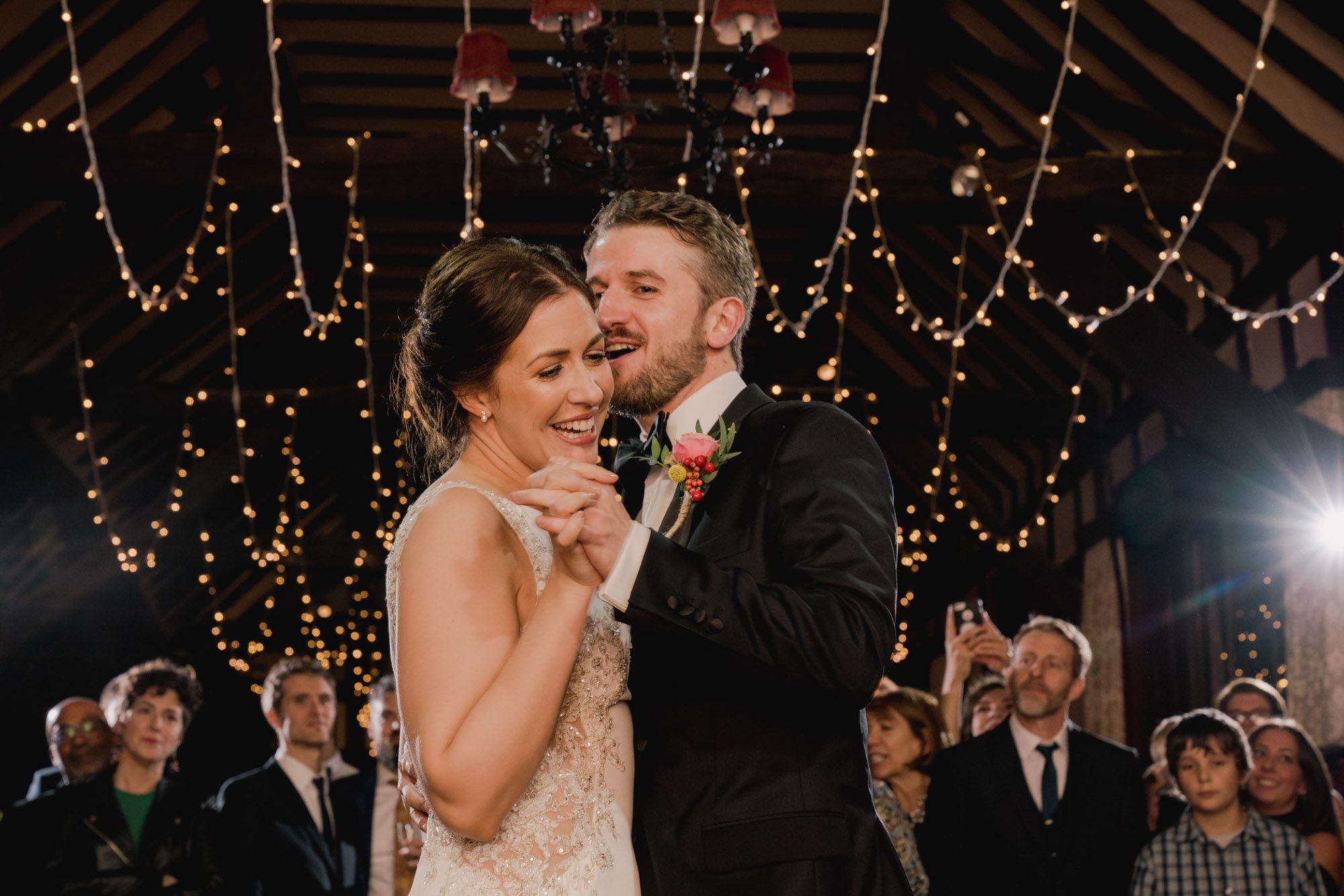 Bride and groom have their first dance together on their wedding day at Ramster Hall.