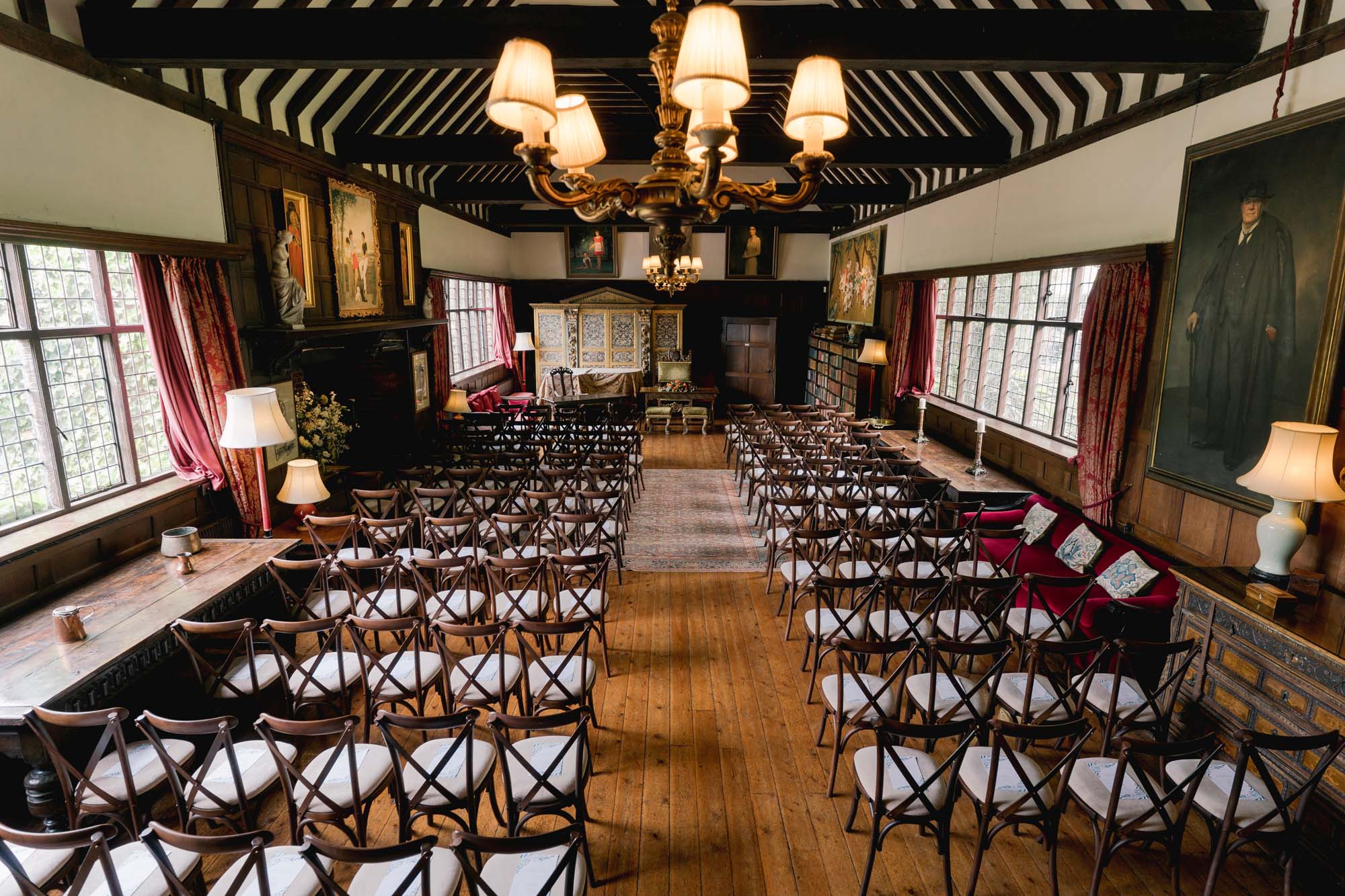 The Great Drawing Room ready for a wedding ceremony at Ramster Hall.