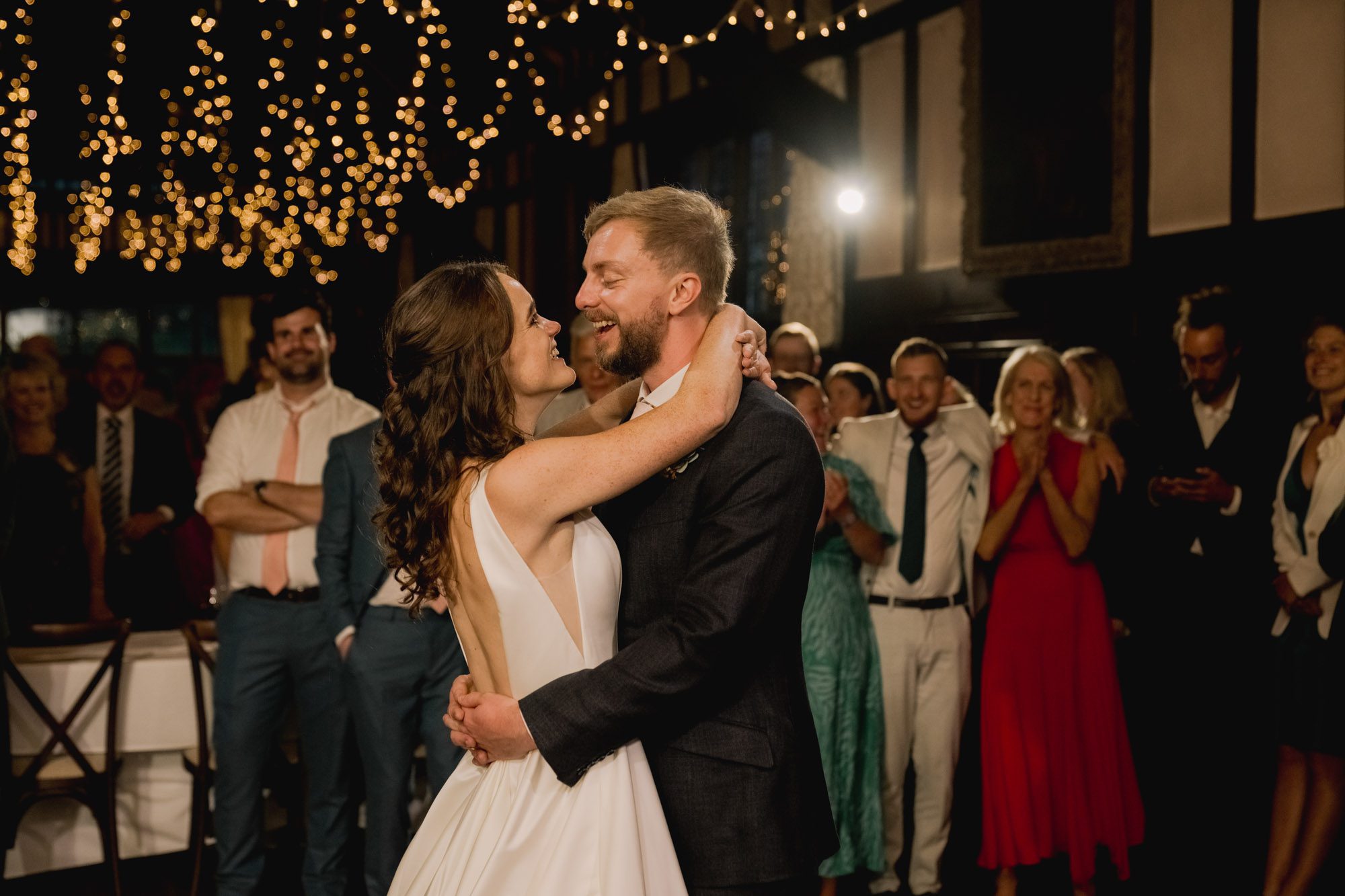 Bride and groom have their first dance together on their wedding day at Ramster Hall.