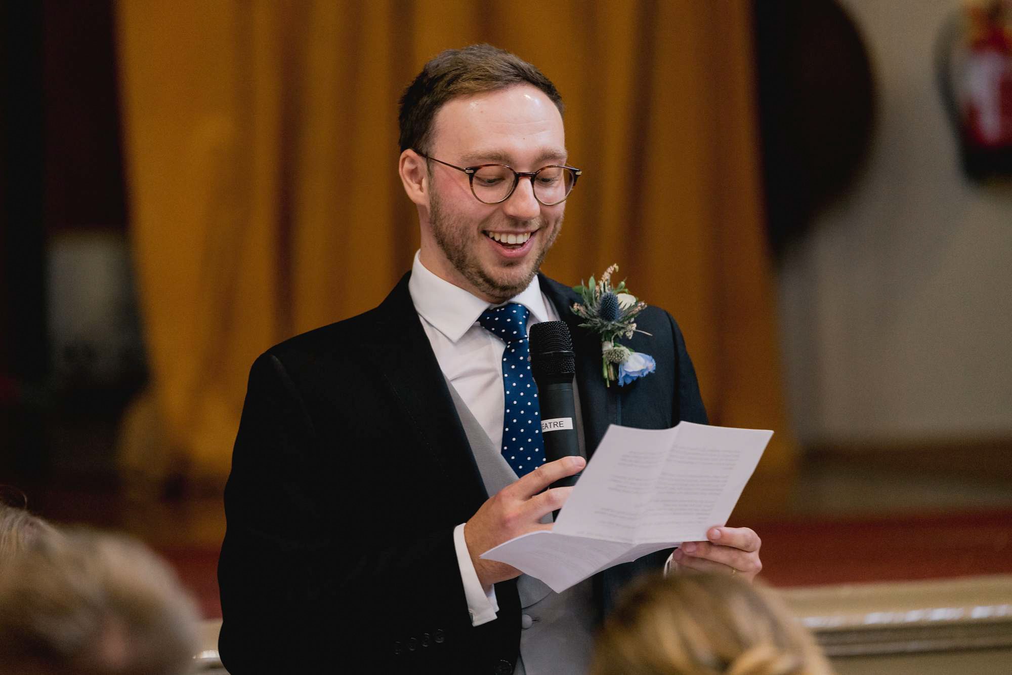 Groom delivers his speech at a wedding at Salomons Estate in Tunbridge Wells.