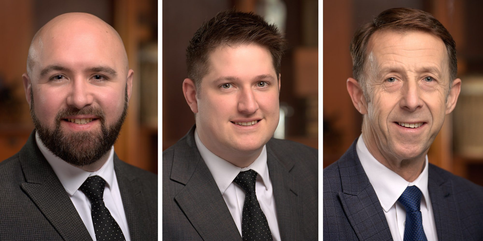 Three corporate headshots of men working for a funeral drector firm in Surrey.