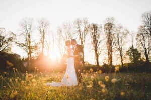 Wedding sunset shot of bride and groom in Guildford, Surrey.