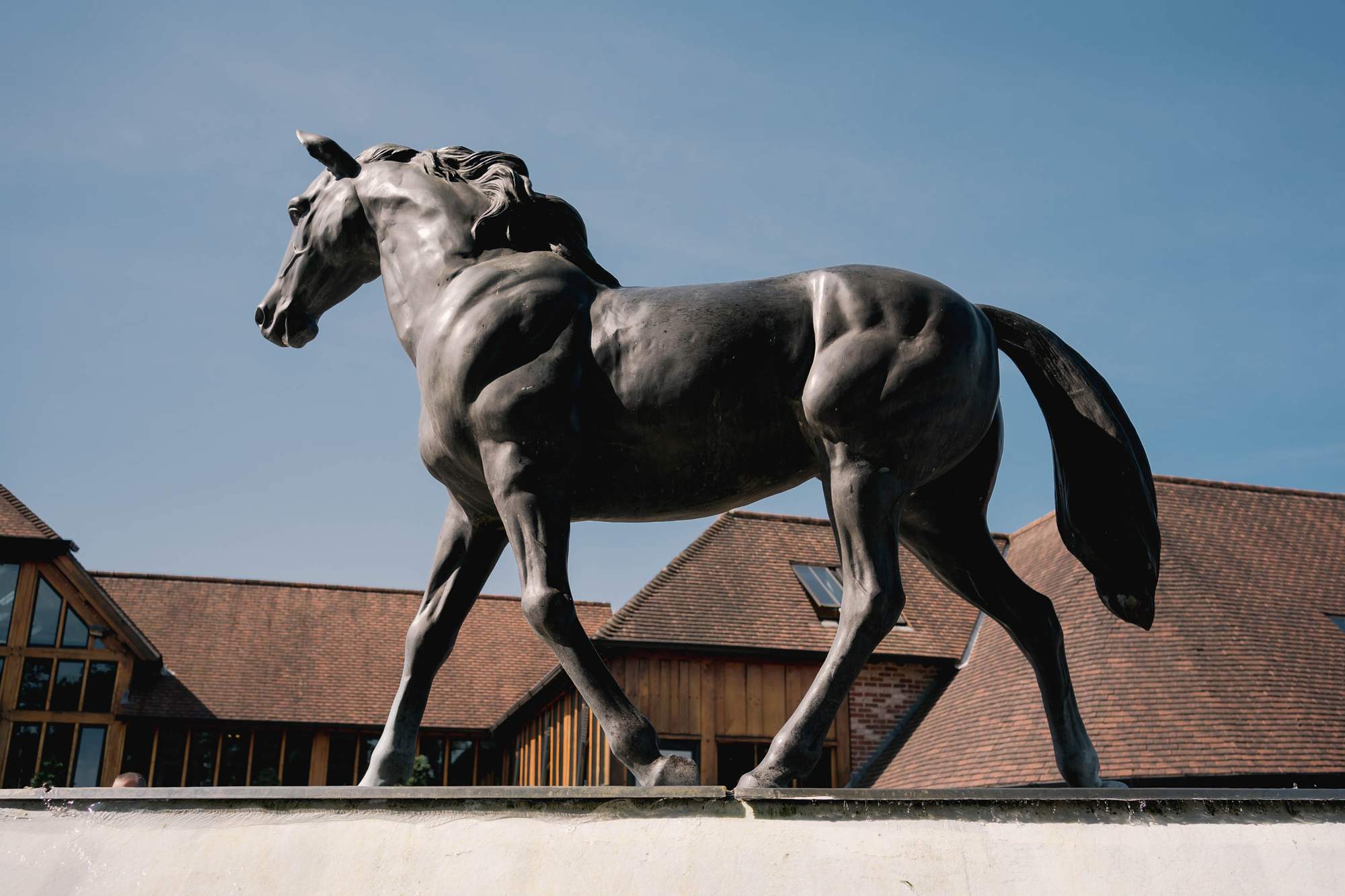 A statue of a black horse outside Old Thorns Hotel in Liphook, Hampshire.