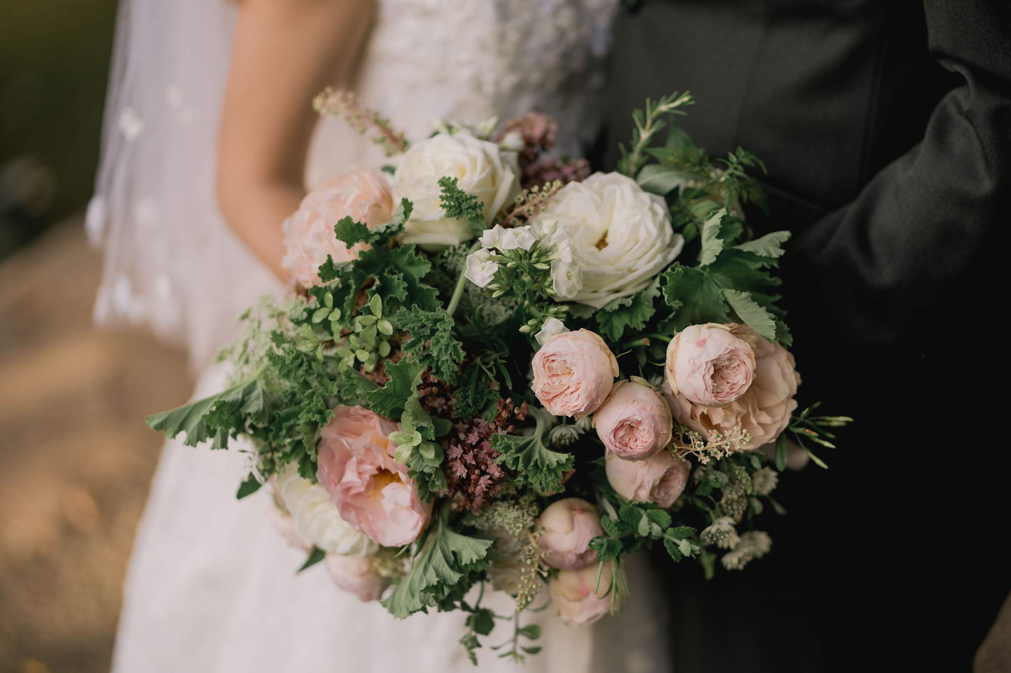A stunning pink and white wedding bouquet.