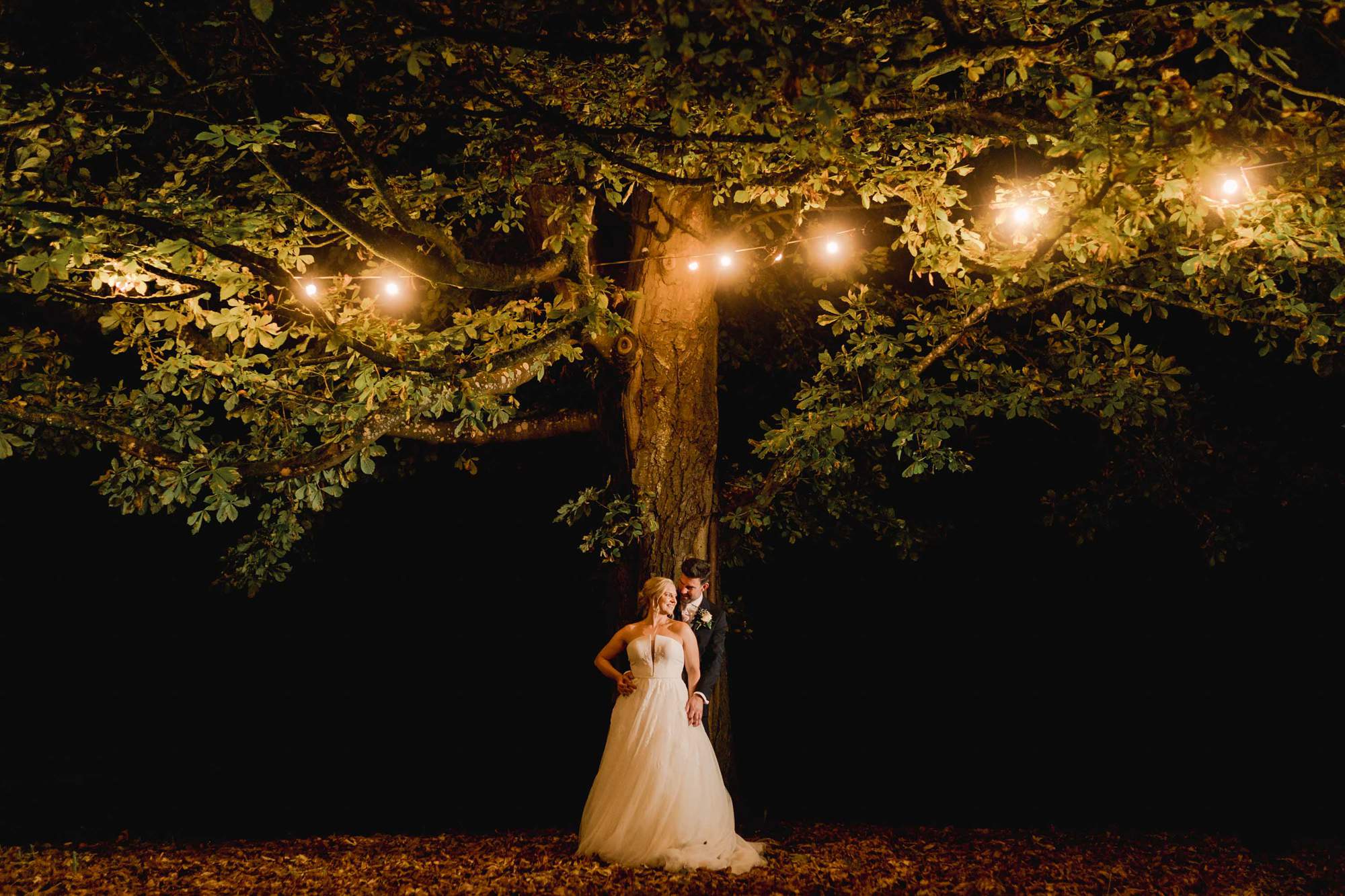 Evening time with the bride and groom under a tree with fairy lights at Lainston House.