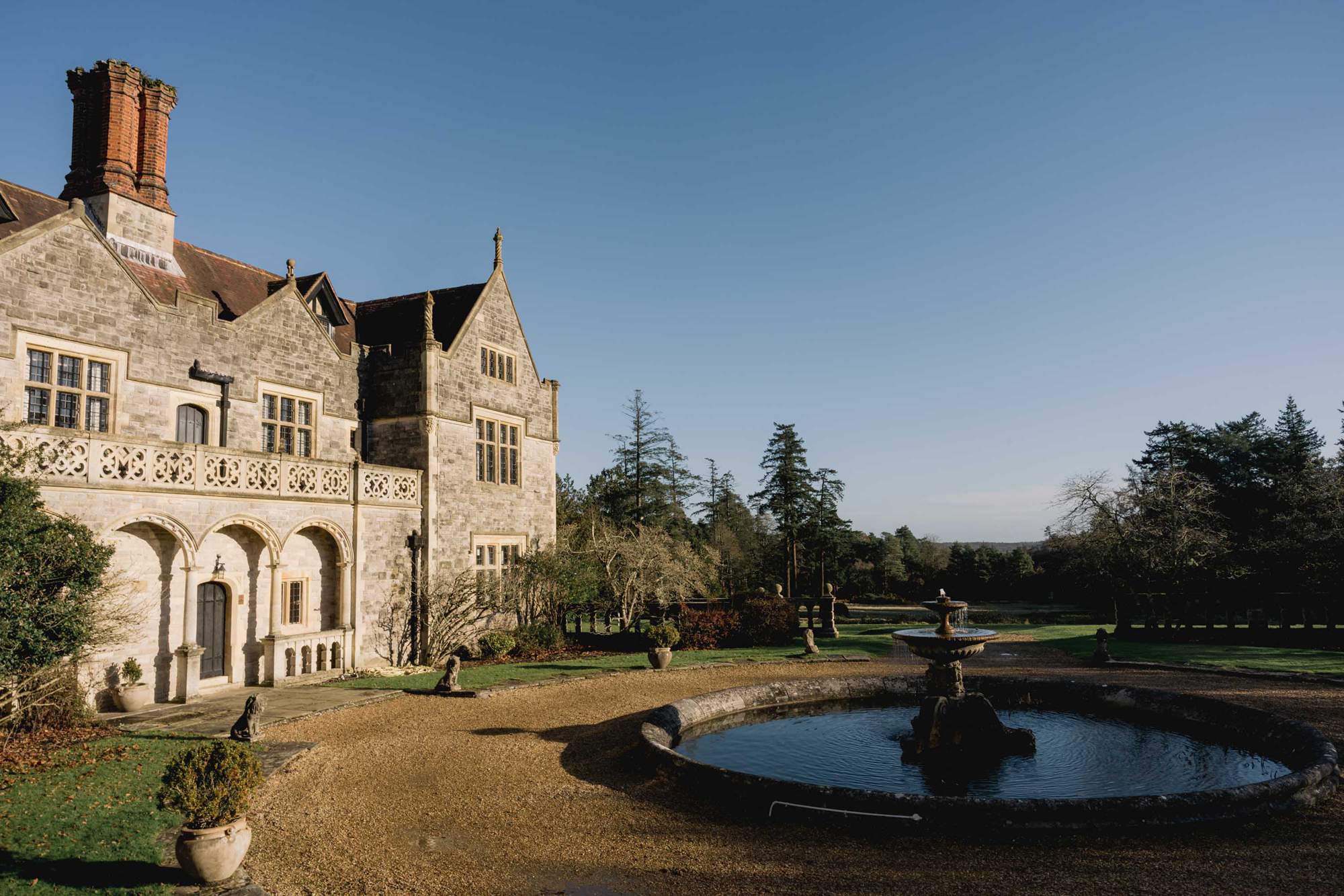 Rhinefield House wedding venue on a sunny Winters day in Hampshire.