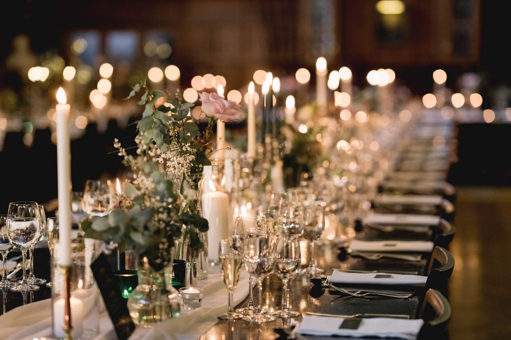 Candles and wedding table details at the HMS Nelson Wardroom in Portsmouth.