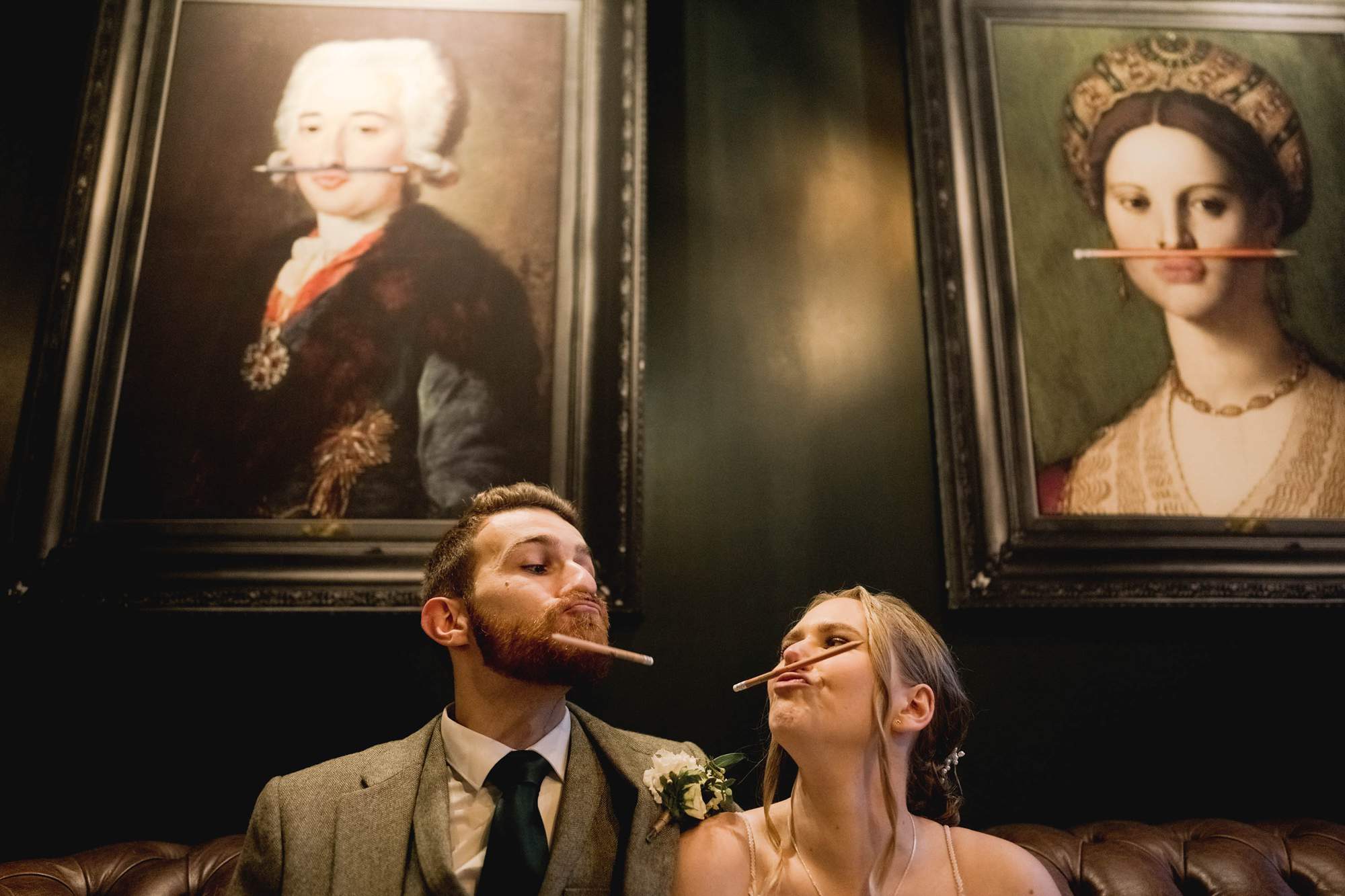 Bride and groom mimic the iconic paintings at The Farmhouse at Redcoats in Hitchin.