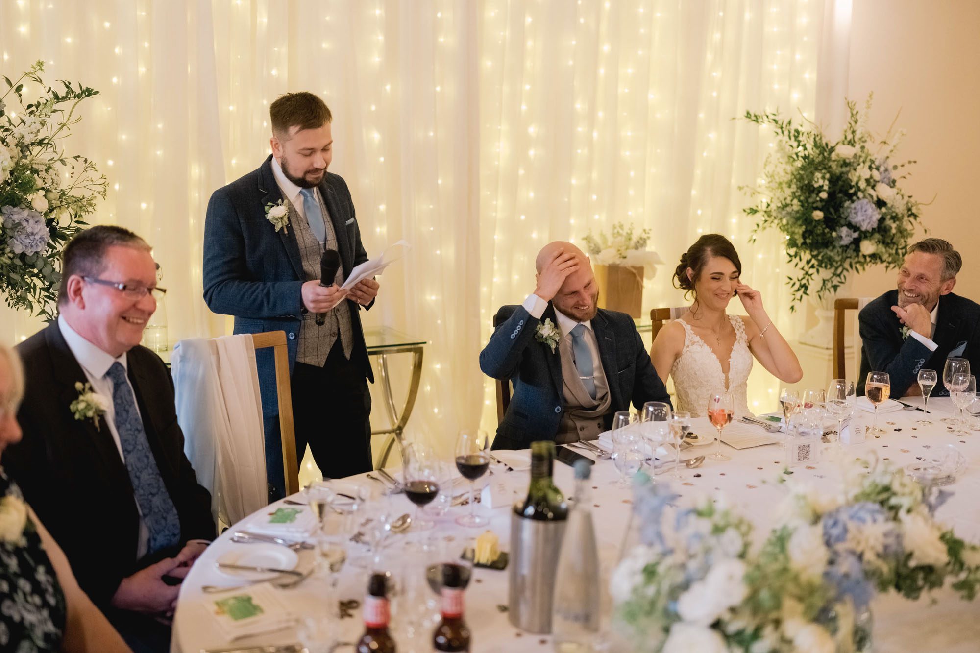Best man delivers his speech at a wedding at Rivervale Barn in Hampshire.